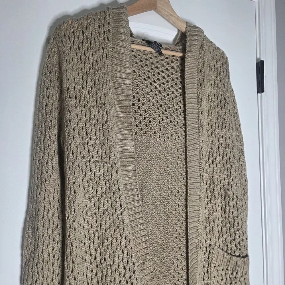 It's Our Time Open Knit Hooded Cardigan Tan Size M